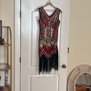 Red and Gold Beaded Fringe Dress